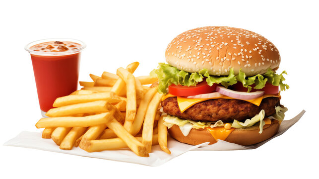 Delicious burger with fries and a drink on a white background, perfect for fast food, lunch, or dinner meal themed visuals.