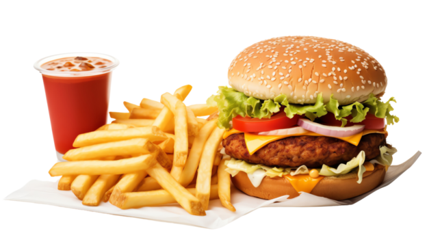 Delicious burger with fries and a drink on a white background, perfect for fast food, lunch, or dinner meal themed visuals.