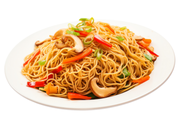 Delicious stir-fried noodles with colorful vegetables served on a plate, perfect for an Asian cuisine menu or food blog.