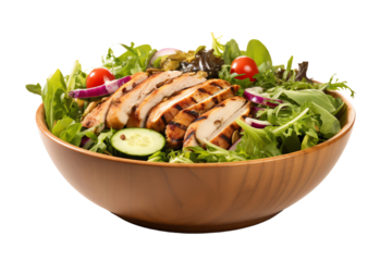 Fresh grilled chicken salad with mixed greens, cherry tomatoes, cucumber slices, and red onion in a wooden bowl. Healthy and delicious!