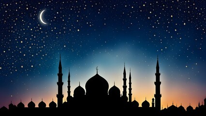 A silhouette of a mosque and a crescent moon in the sky