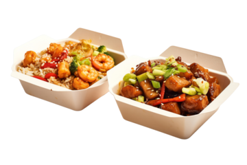 Two takeout containers with delicious Chinese food including shrimp fried rice and chicken with vegetables. Perfect for food lovers.