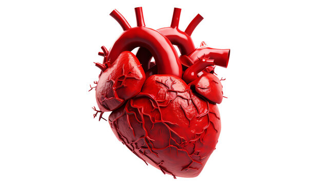 Realistic 3D of a human heart, showcasing anatomical details and vascular structures in a vibrant red hue against a white background.