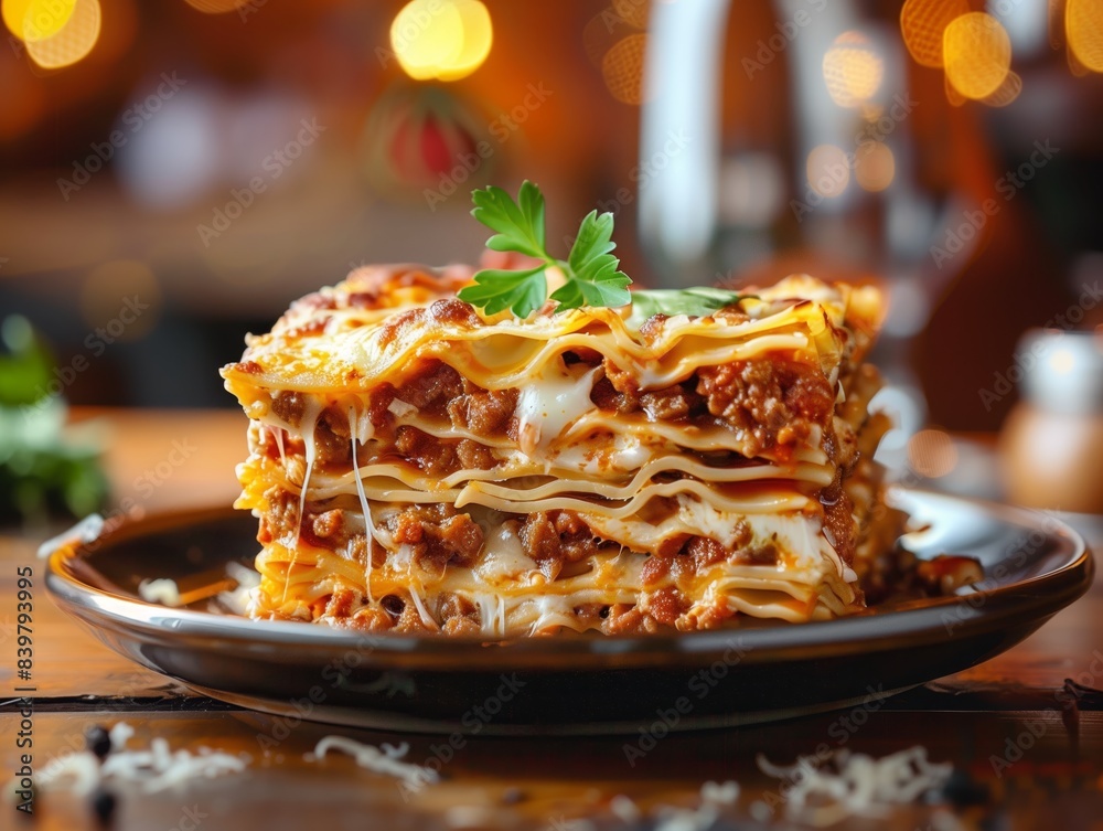 Wall mural Lasagna Italian Meat Cheese Noodle Close-Up Food Dining Dinner Blurred Background Image	
