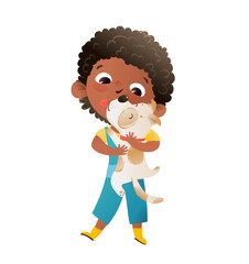 Cute little African Amerian girl holds and hugs her best friend dog, Multinational children characters illustration with pets, kids and puppies. Vector hand drawn cartoon in watercolor style.