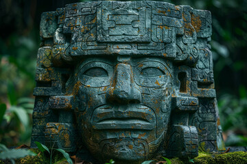 Olmec sculpture carved from stone. Mayan symbol - Big stone head statue in a jungle.generative ai