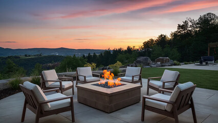 sleek modern fire pit and outdoor furniture in the backyard of a luxury house, sunset summertime day