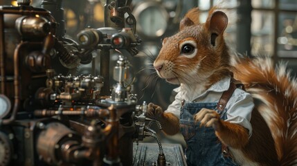 A curious squirrel in overalls examines a complex steam-powered machine in a workshop.