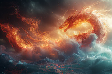 A dragon made of fire facing a sea serpent of water. Concept of fire vs. water. Generative Ai.