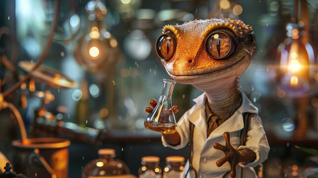 A cute gecko scientist in a lab coat holds a test tube and looks at the camera with curiosity.