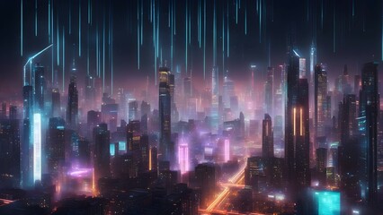 Fototapeta premium A cityscape with neon lights and a sky full of streaks of light