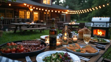 Obraz premium A peaceful outdoor evening dining setup with a beautifully illuminated patio, featuring a variety of delicious food and drinks, perfect for a backyard gathering