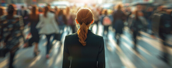 Businesswoman standing alone among a crowd of other people, concept of the feeling of isolation and loneliness due to mental illness