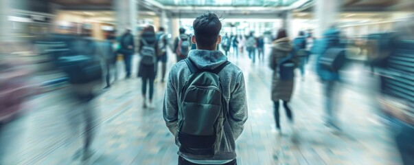 Male college student standing alone among a crowd of other students, concept of the feeling of isolation and loneliness due to mental illness