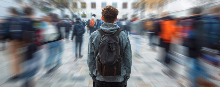Male college student standing alone among a crowd of other students, concept of the feeling of isolation and loneliness due to mental illness - Powered by Adobe