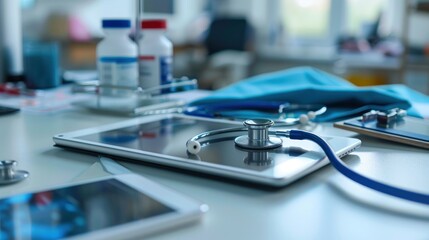 Stethoscope, tablet and medical tools on desk in hospital office for consultation or checkup