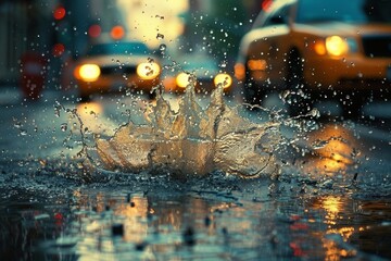 Glowing city lights blur in the distance as yellow taxis navigate through a wet street with a dramatic splash of water in the foreground