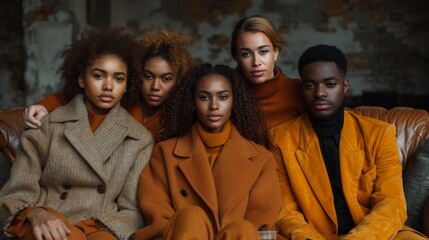 A group of five diverse young adults dressed in various shades of fashionable brown and orange fall...