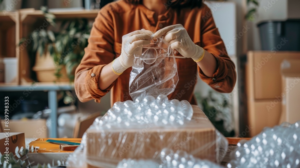 Wall mural Individual carefully wrapping a set of glasses in bubble wrap, surrounded by moving supplies and boxes in a new apartment 