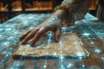 A holographic display appearing over a handwritten letter. Concept of digital vs. analog. Generative Ai.