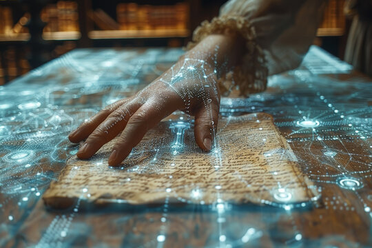 A holographic display appearing over a handwritten letter. Concept of digital vs. analog. Generative Ai.