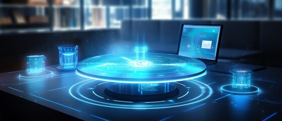 Fototapeta premium A futuristic 5G WiFi router emitting glowing blue lights
