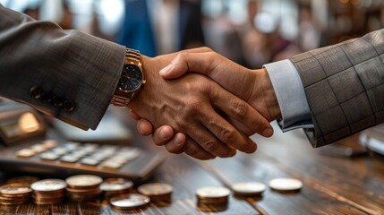 A close-up of two businessmen in formal attire shaking hands over a wooden table with coins and a calculator in the background, symbolizing a successful financial agreement