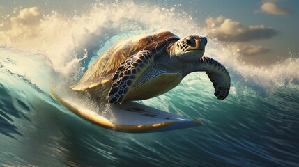 Fototapeta premium A sea turtle with a tiny surfboard