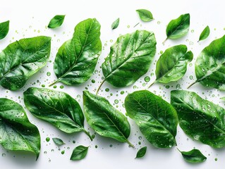 Obraz premium Fresh green leaves swirling around against a white background. 