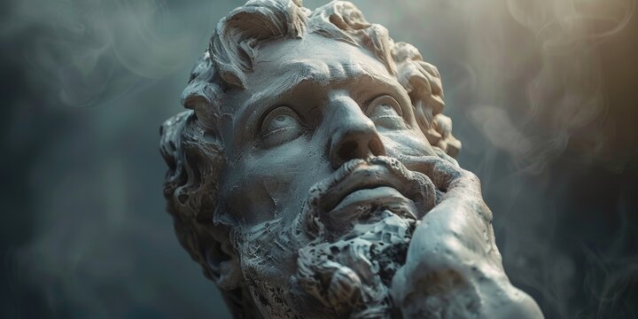 A close-up photograph of a contemplative stone statue with intricate facial details, shrouded in misty smoke, depicting an expression of deep thought and reflection