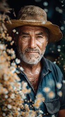 Rustic portrait of a middle-aged man with a weathered face and beard, wearing a straw hat, surrounded by a natural floral arrangement in an outdoor setting