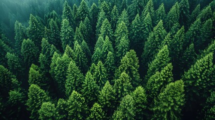 Aerial view of dense evergreen forest with towering pine trees, showcasing the pristine natural landscape and the rich greenery of the woodland