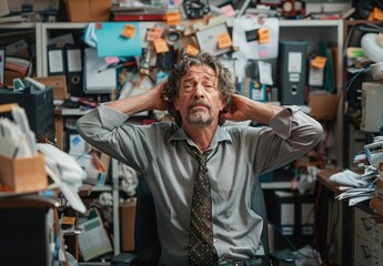 Obraz premium A middle-aged man in a cubicle, loosening his tie and hand rubbing his temples or head, surrounded by office clutter.