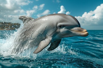 Naklejka premium A lively and playful dolphin makes a spectacular leap out of the clear blue ocean on a beautiful sunny day with fluffy white clouds in the sky