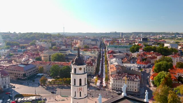 Aerial view of annual Nations Fair, where masters from the national communities of Lithuania present their arts, crafts, national customs and traditions. Vilnius Old town, Lithuania.