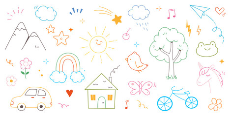 Kid cute doodle set. Cute sun, house, tree kid doodle sketch style vector. Hand drawn sun, car, rainbow elements. Funny children pen outline flower, bird, butterfly. Vector illustration.