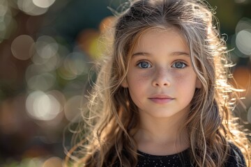 Fototapeta premium A captivating portrait of a young girl with mesmerizing blue eyes and long, wavy hair, set against a beautifully blurred background of soft, warm lights