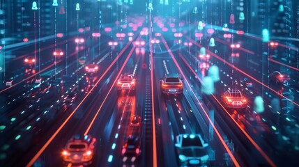 Application of digital twin technology in traffic management, showing icons representing vehicles on roads with holographic images connecting them to data points 