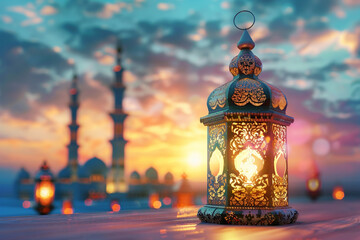Islamic greeting Eid Mubarak cards for Muslim Holidays. Eid-Ul-Adha festival celebration.Arabic Ramadan Lantern with mosque on background. Decoration lamp AI Generative