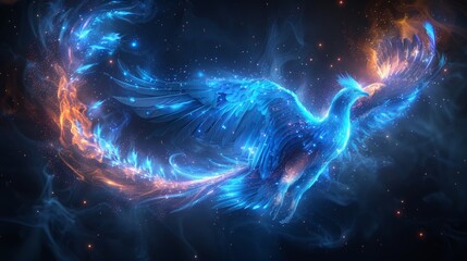 Flying, light bird from blue flame with stars on black background. Phoenix. 