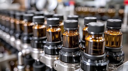 Naklejka premium A close-up view of numerous amber bottles with black caps arranged neatly in rows on a metallic conveyor belt inside a modern industrial facility