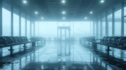 A foggy, deserted bus terminal captured in early morning light, showcasing rows of empty seats and reflections on the wet floor, evoking a sense of quiet and solitude