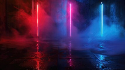 Dark background of the street, thick fog, spotlight, blue and red neon. Abstract background with neon lights, night view.
