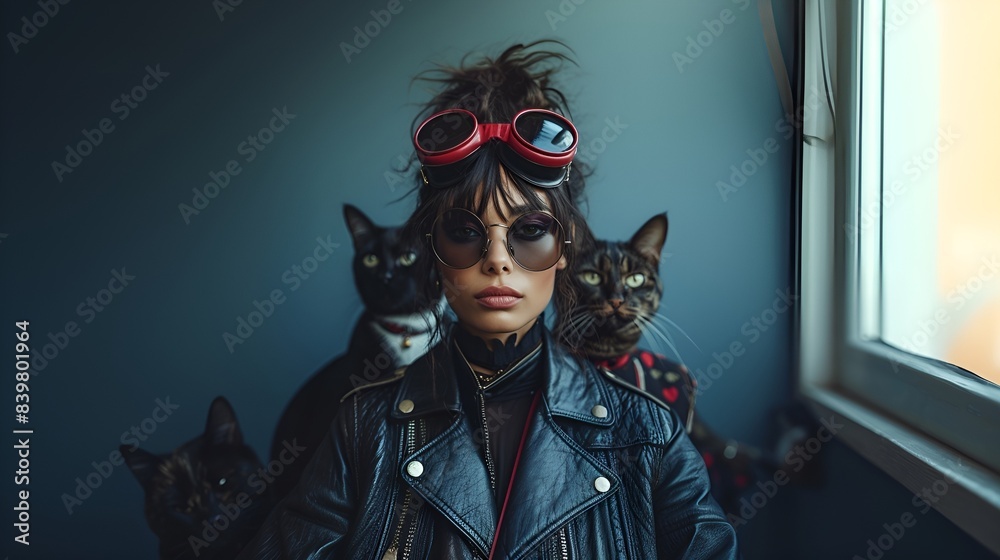 Wall mural close-up shot of attractive female model posed with her pet cats - fashion shoot - stylish presentat - Wall murals