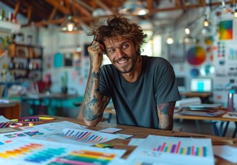 A young man in a creative studio, surrounded by colorful charts and drafts, pulling his hair in frustration