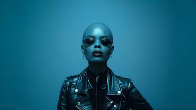 Female model - fashion shoot - blue tint  - blue background - attractive female  African-American 
