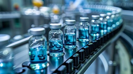 Modern Automated Production Line in Pharmaceutical Factory Manufacturing Medical Vials