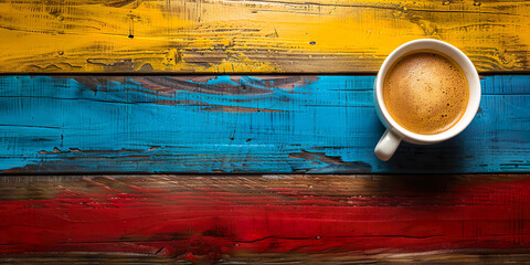 Top view of coffee cup on table with yellow, blue and red colors. Colombian coffee cup