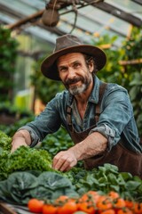 Joyful Sustainable Farming: Farmer Tending to Vegetables in Greenhouse
