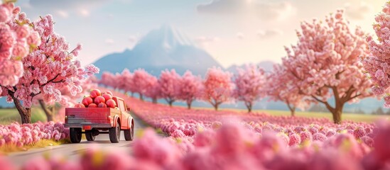 Tranquil Countryside Drive: 3D Cartoon Farmer with Fresh Produce in Pickup Truck Passing Cherry Blossom Trees